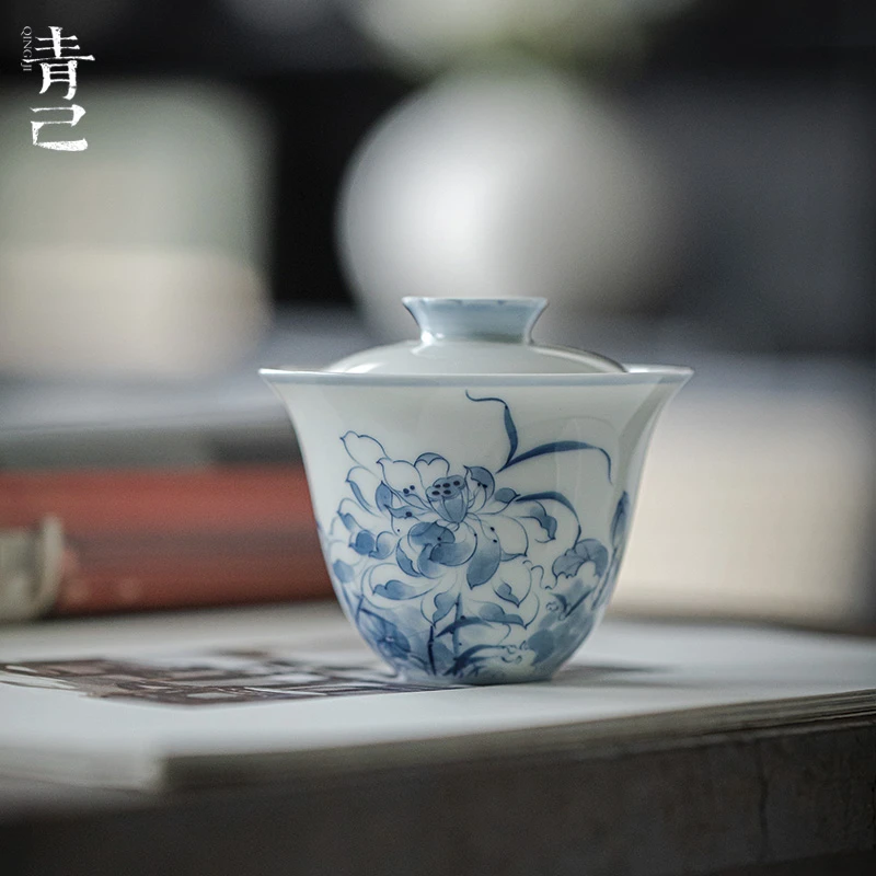 青己青花满彩手绘盖碗 功夫茶具文人器陶瓷泡茶碗 釉下彩盖碗