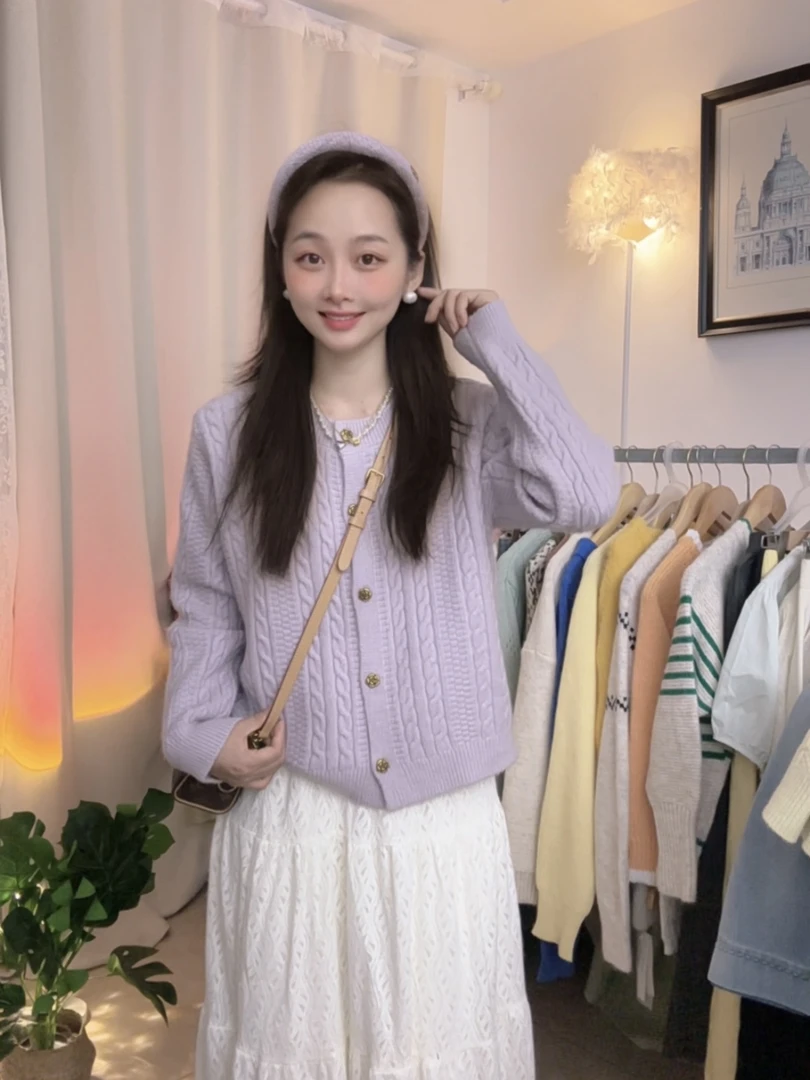 2025慵懒风秋冬新款圆领麻花针织开衫女宽松时尚百搭毛衣外套上衣