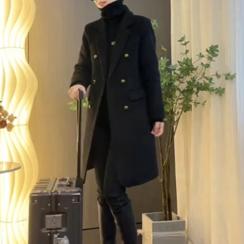 秋冬新款正肩大码加棉加厚大衣女毛呢中长款外套