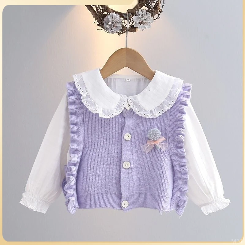 女宝宝两件套春秋女童针织马甲两件套毛衣背心宝宝开衫马夹衬衫套