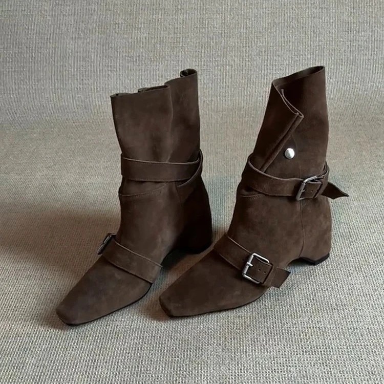 牛皮版~复古小众气质方头内皮带扣西部牛仔靴女翻折两穿短靴