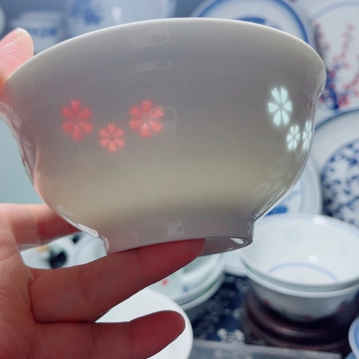 青花玲珑5寸饭碗三星花彩玲珑