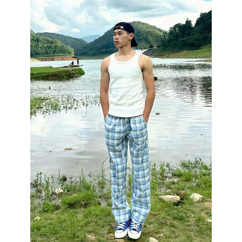 cleanfit蓝色格子裤男夏季薄款慵懒风垂感阔腿裤子直筒微喇休闲裤