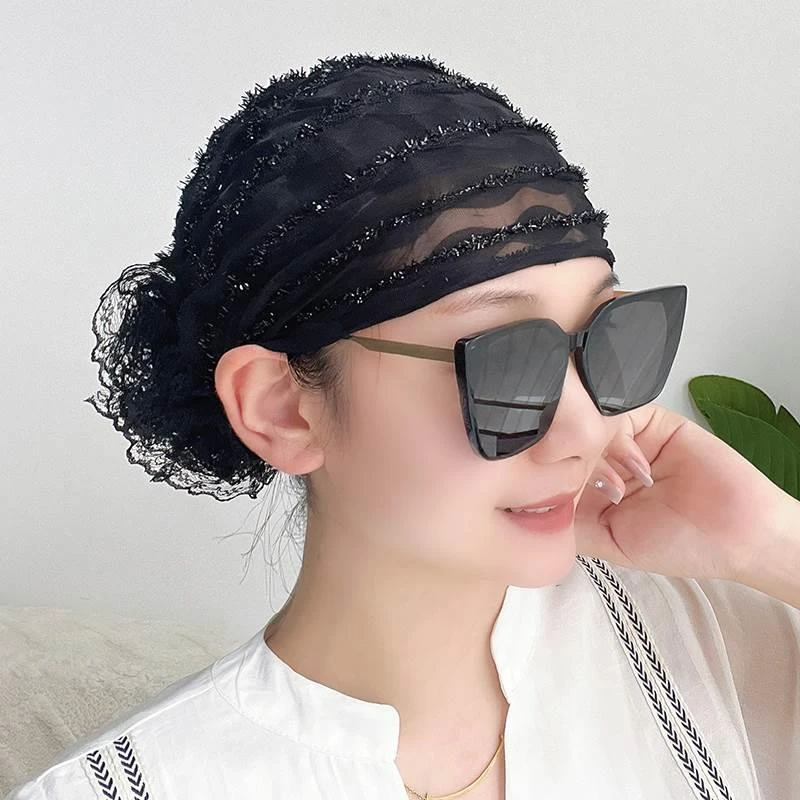 夏季款包头帽遮白发头巾帽子女显年轻时尚新薄款蕾丝碎发盘发神器
