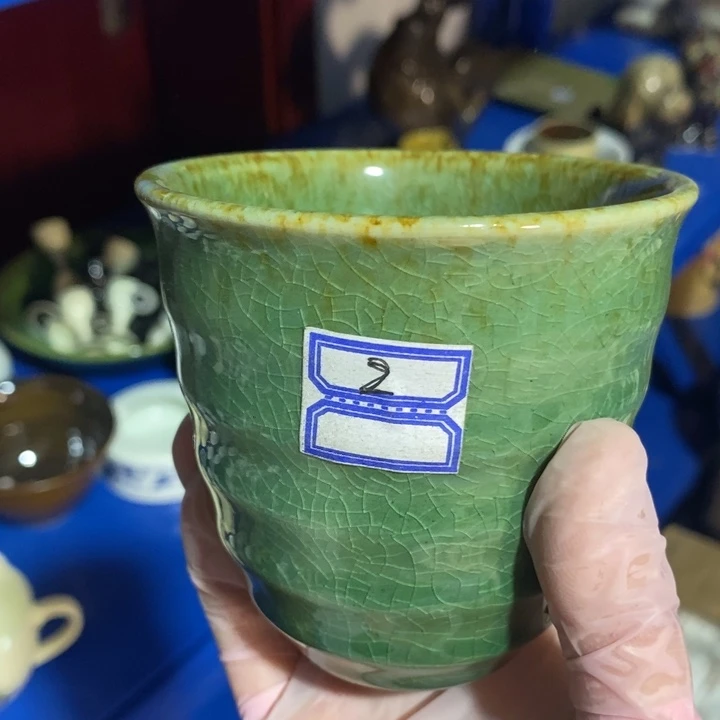 瓷片五厂洒金绿釉胖杯子竹节杯