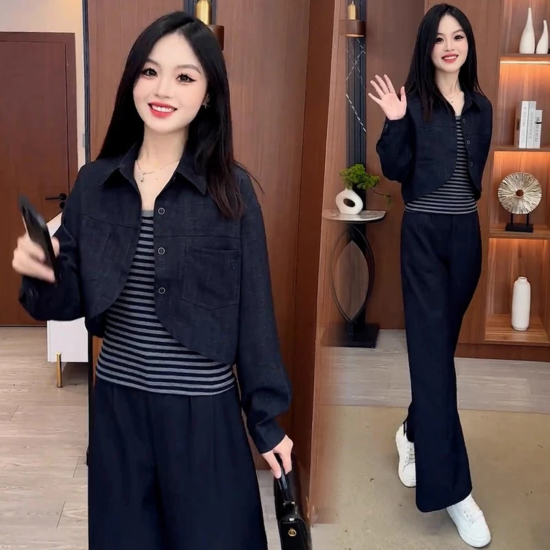 时尚牛仔套装女2025秋季新款洋气显瘦短外套条纹背心阔腿裤三件套