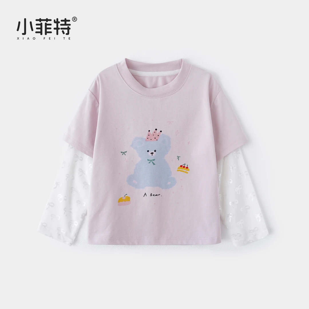 小菲特夏季新款女童小熊印花长袖t恤儿童薄款假两件短袖YNYX50731