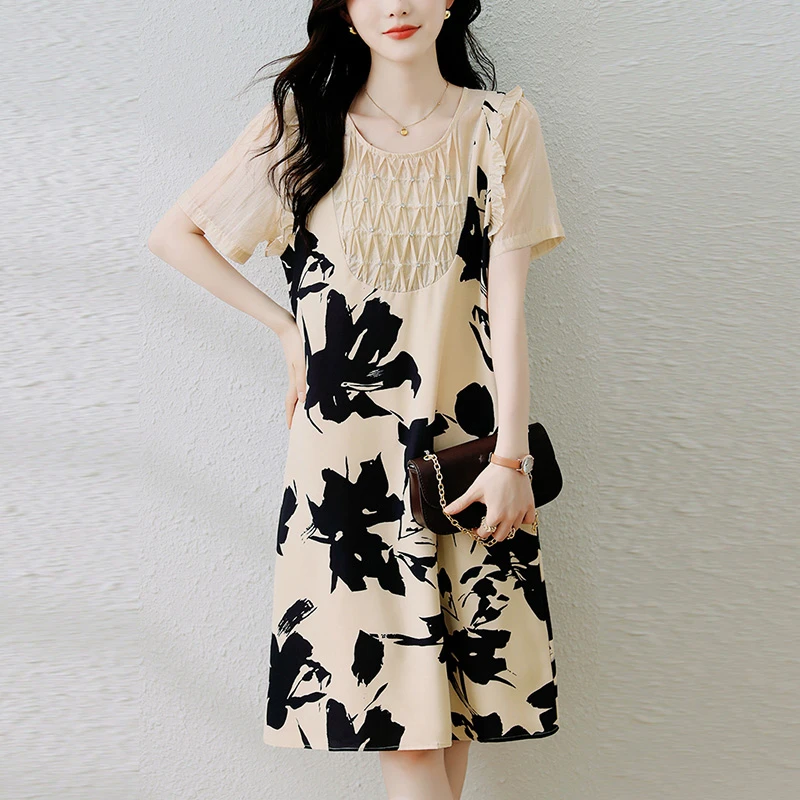 轻熟风胖MM2025夏季新款法式印花洋气时尚设计拼接宽松显瘦连衣裙