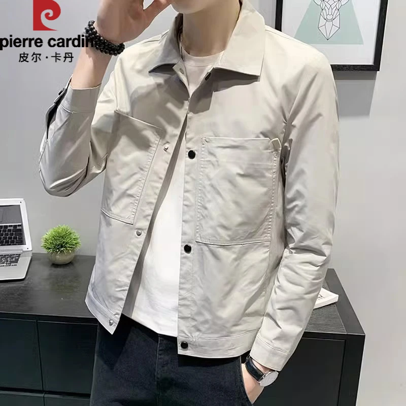 皮尔卡丹翻领夹克男士外套春秋季2025新款潮流简约休闲米白色上衣