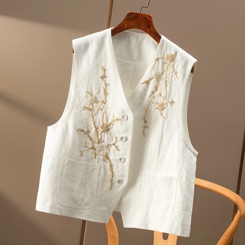 轻奢国风 法柜欧标亚麻花卉刺绣钉珠V领马甲外套春天家女42A8 特