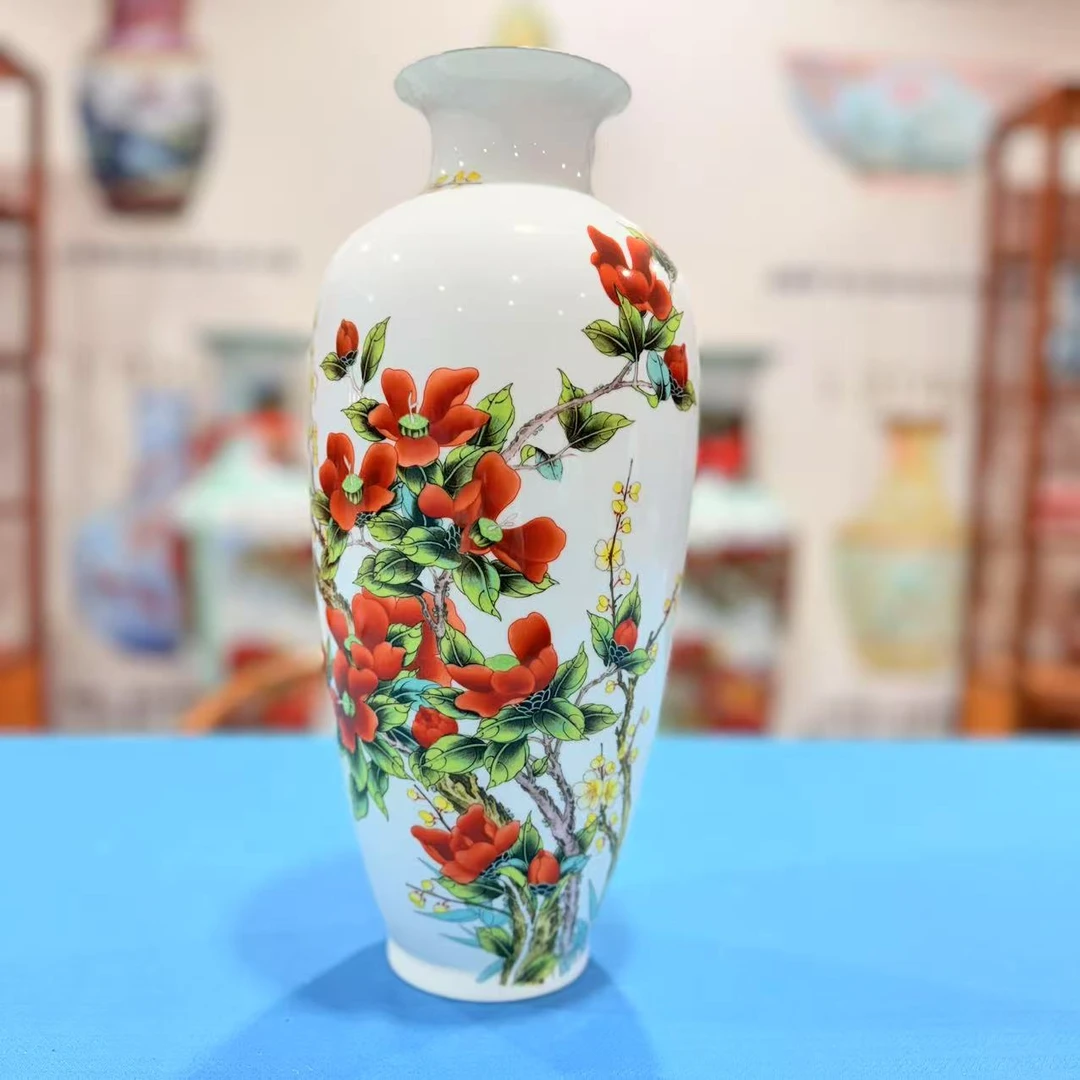 【王家陶瓷】花开富贵茶梅花鸟瓶+底座XD