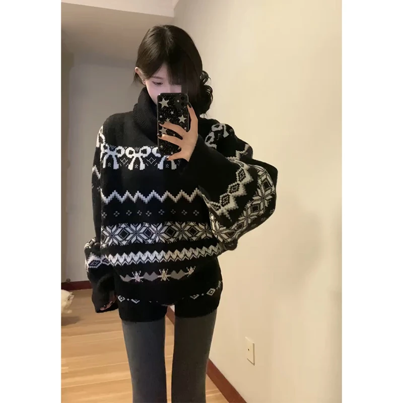 parkyeon黑色费尔岛高领毛衣针织上衣女高腰显瘦休闲短裤两件套