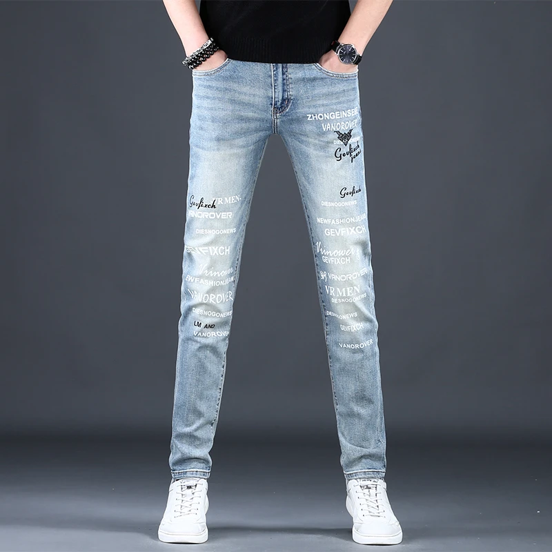 男士春秋刺绣新款2025牛仔裤男款时尚修身小脚裤弹力休闲印花百搭