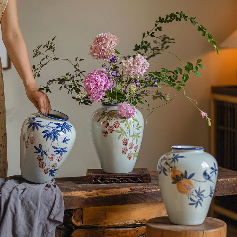 掬涵新中式青花瓷花瓶高级轻奢复古手绘陶瓷花器客厅玄关装饰摆件