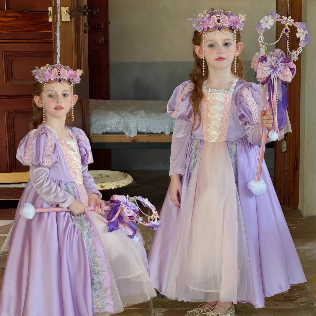 【长发公主】女童秋冬长袖乐佩公主裙演出服重工生日礼服紫色连衣裙