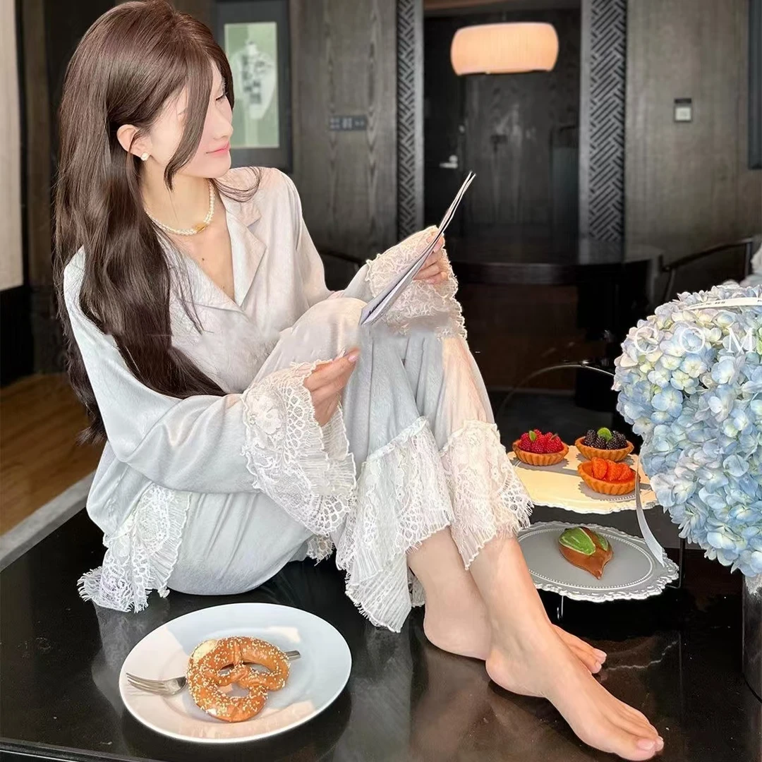 睡衣女春秋款重工蕾丝花边长袖长裤夏季薄款时尚可外穿家居服套装