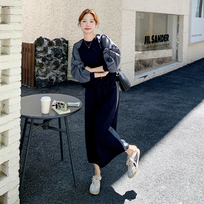 韩系撞色拼接卫衣套装裙女2025秋季宽松休闲减龄高腰半身裙两件套