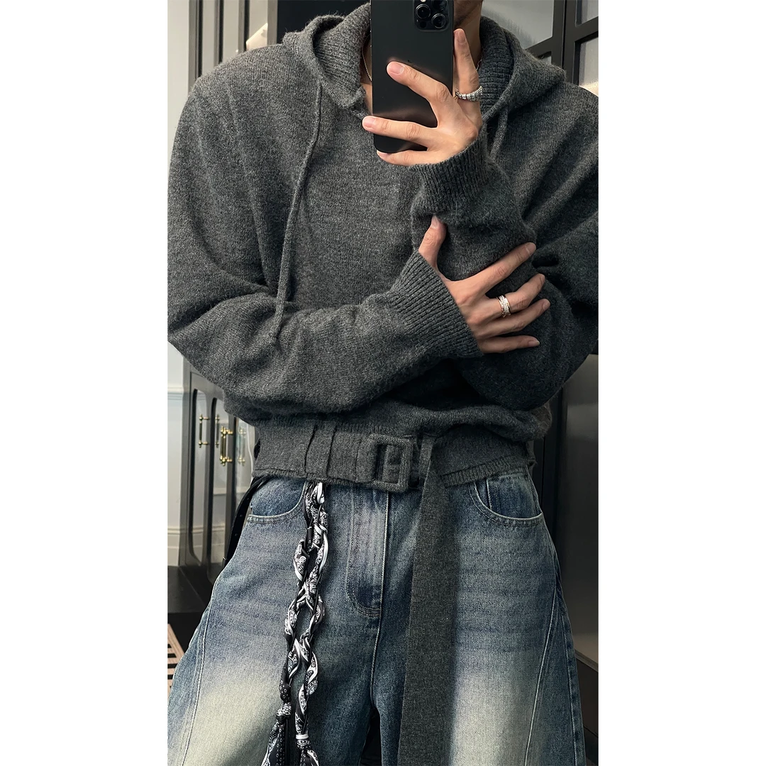 龙叨叨秋季新品小众腰带设计款连帽针织衫男韩系宽松简约百搭毛衣
