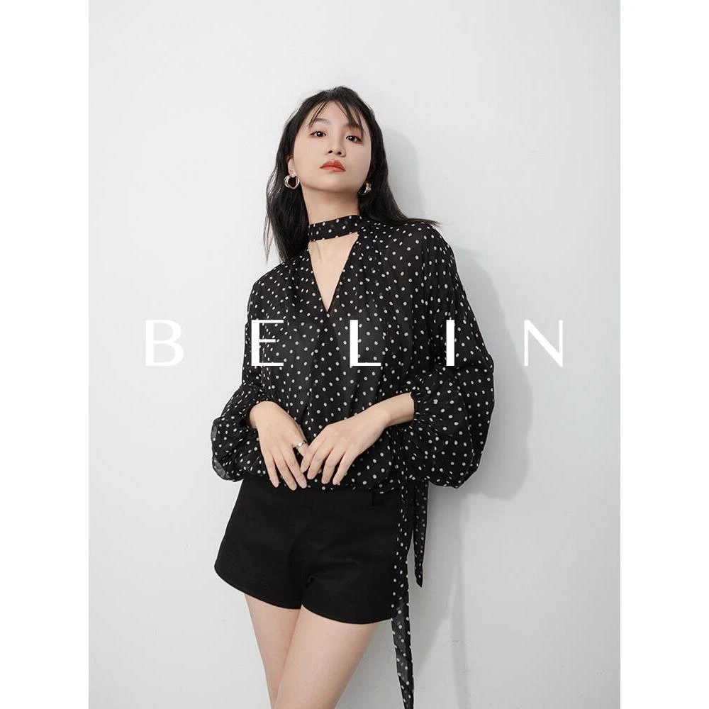 BELIN 【南法风情】小波点飘带小v领衬衫优雅感气质十足上衣女春款