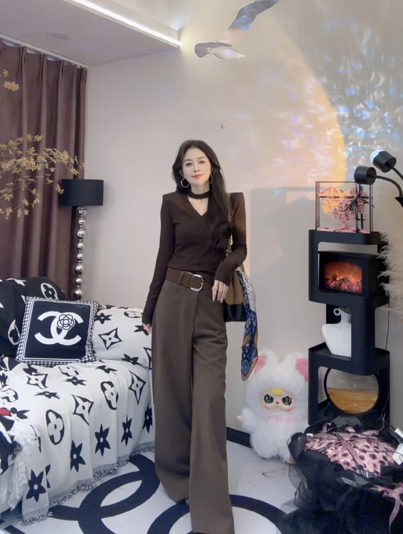 L.X~法式复古气质通勤简约高腰设计感修身显瘦百搭休闲直筒裤6933