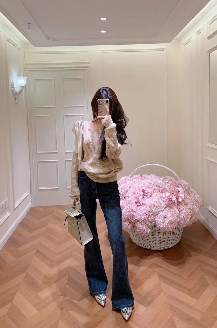 2025秋装新款韩版慵懒风蝴蝶结系带针织衫复古蓝色牛仔裤两件套装