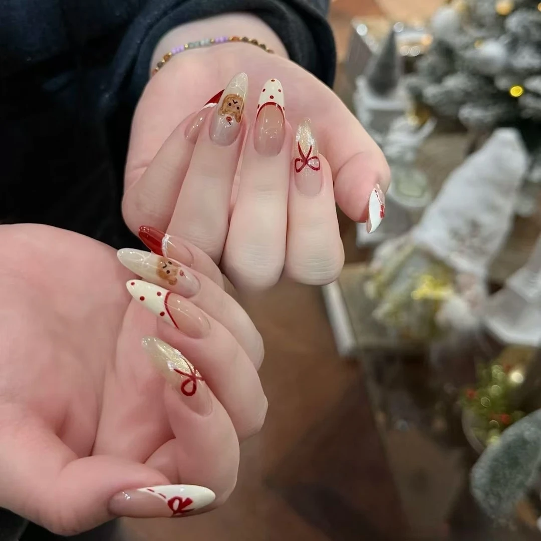 新年蝴蝶结法式猫眼可爱小熊半手工穿戴甲纯欲波点显白可拆卸美甲