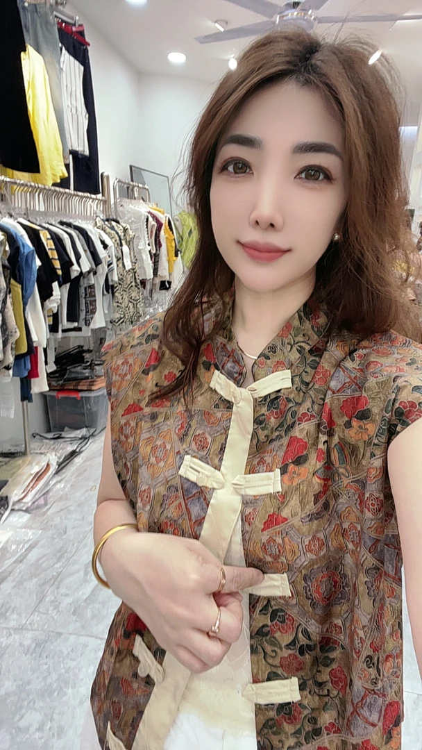 新中式国风立领无袖衬衫女夏季小众独特气质盘扣印花上衣