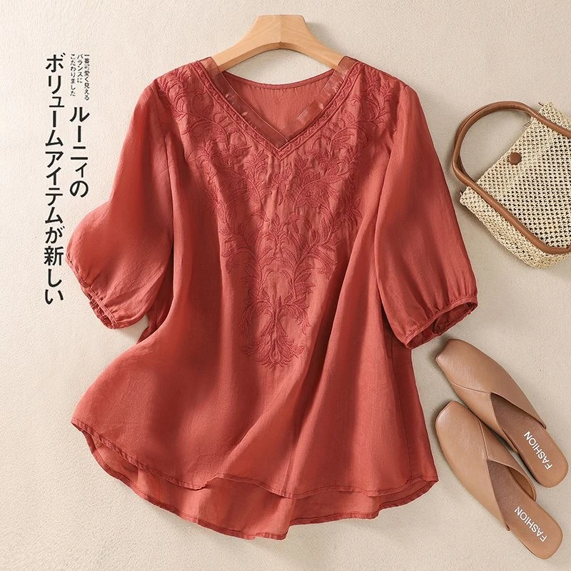 纯色棉麻中袖衬衣女2024夏季款v领重工刺绣休闲百搭薄款棉麻衬衫