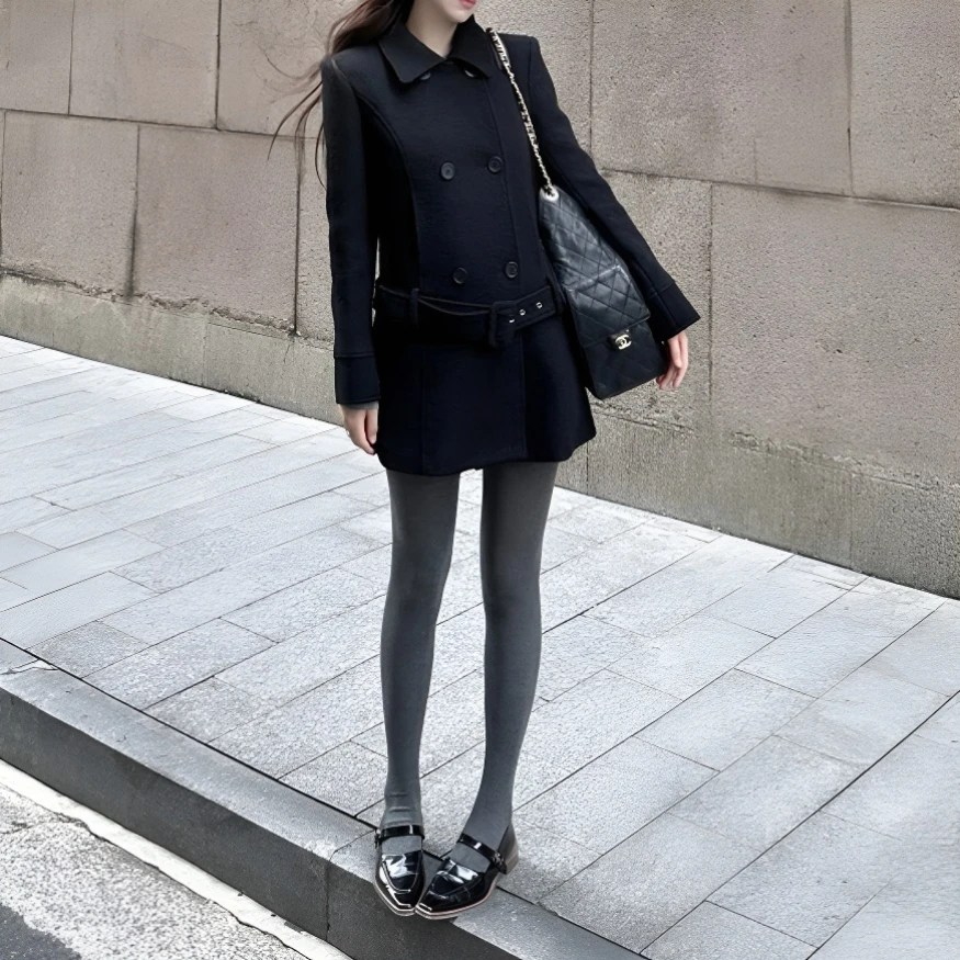 【吐司耶耶】黑色外套女冬季大衣双排扣中长款翻领宽松复古