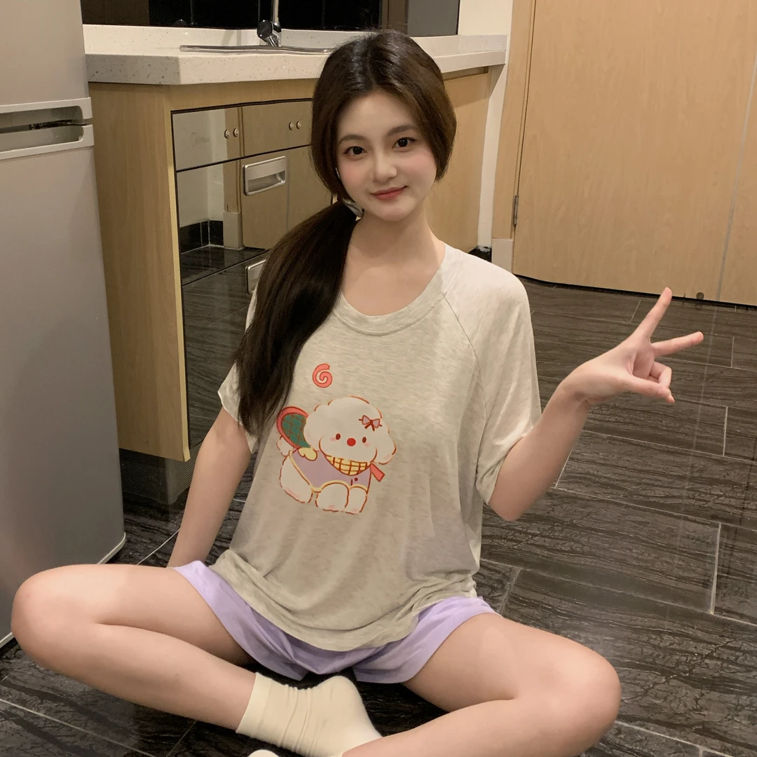 【带胸垫】莫代尔家居服套装女拼接撞色AB版简约可爱风可外穿睡衣