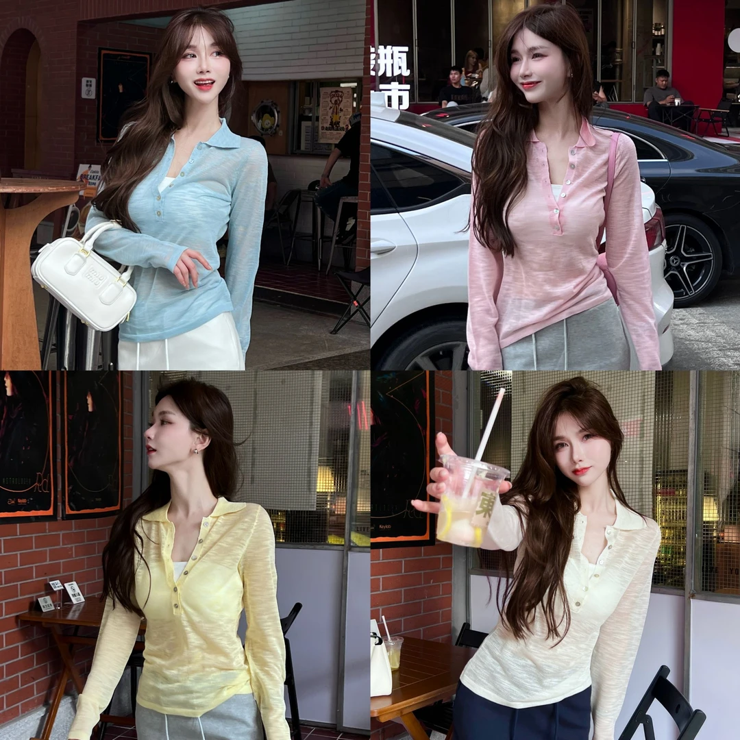 《芝芝莓莓》半排纽扣翻领纯欲微透薄纱防晒罩衫长袖T恤女POLO衫