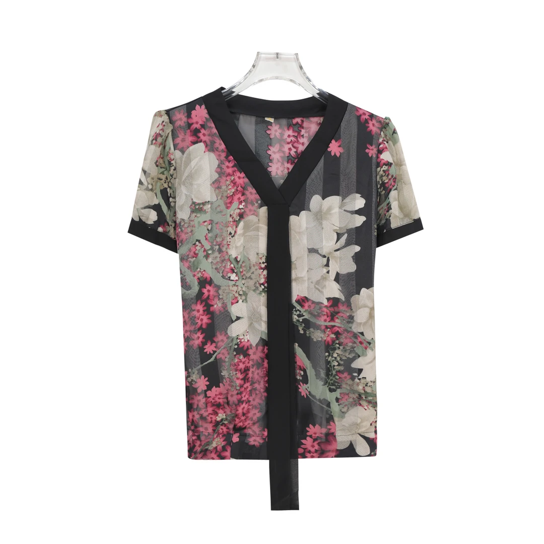 夏季时尚百搭V领气质宽松印花短袖上衣S537