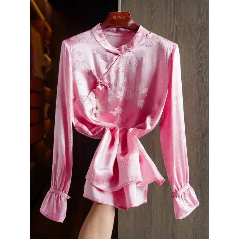 海棠斜襟冠乐皱衬衣