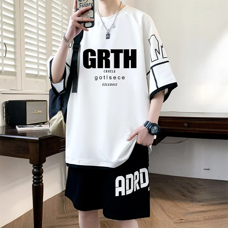 华夫格短袖t恤男夏季休闲运动套装潮流宽松大码帅气休闲搭配一套