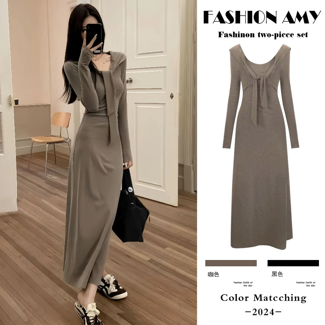 连衣裙秋装新款时尚韩版假两件气质显瘦系带披肩长袖辣妈裙子