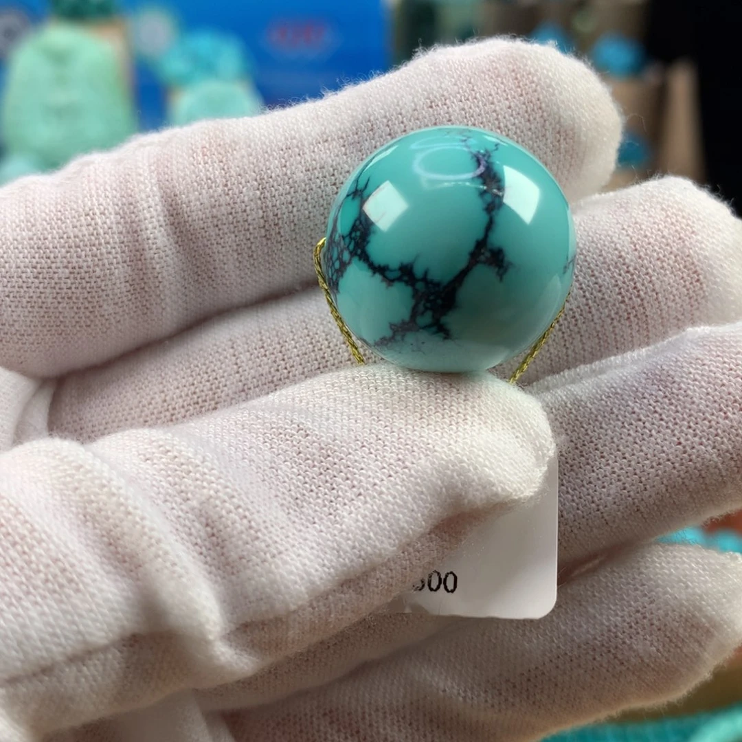绿松石未镶嵌珠宝奇石高瓷绿网花圆珠20.5mm