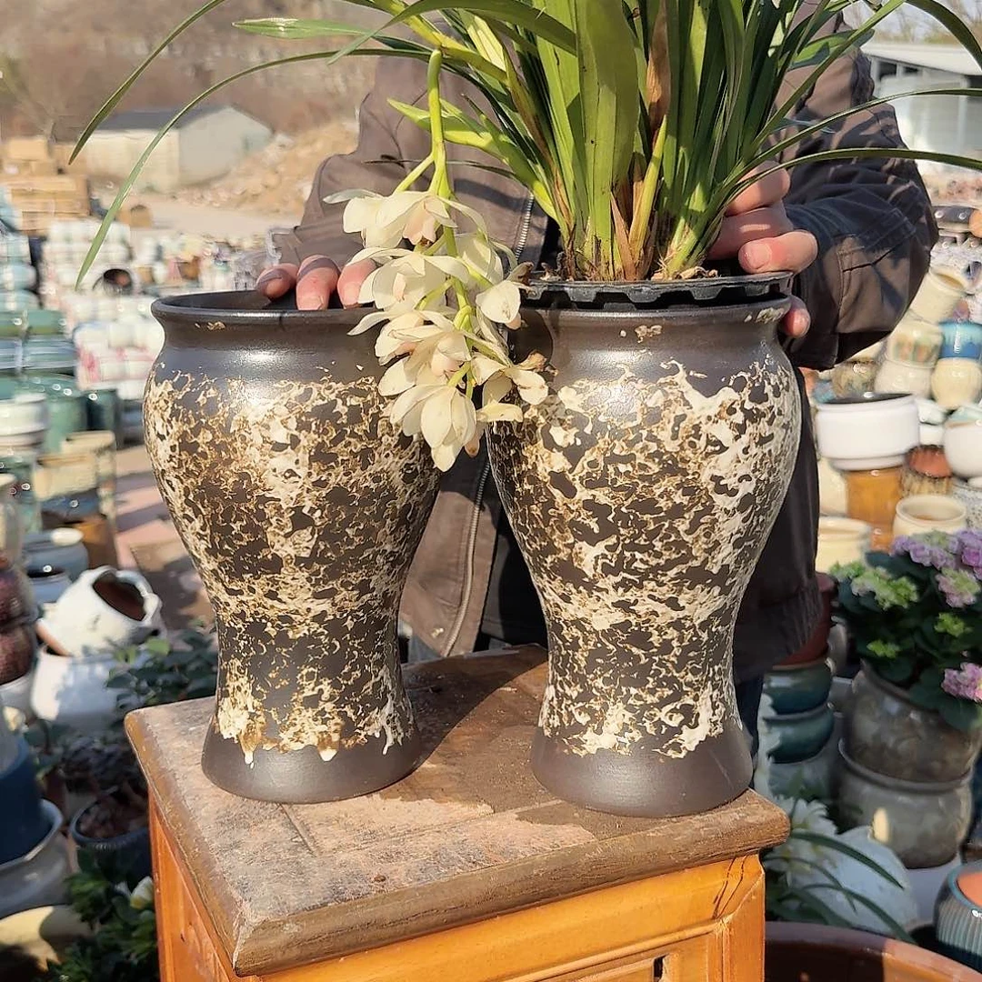 紫砂花盆口15高27（两个美人鱼姹寂黑