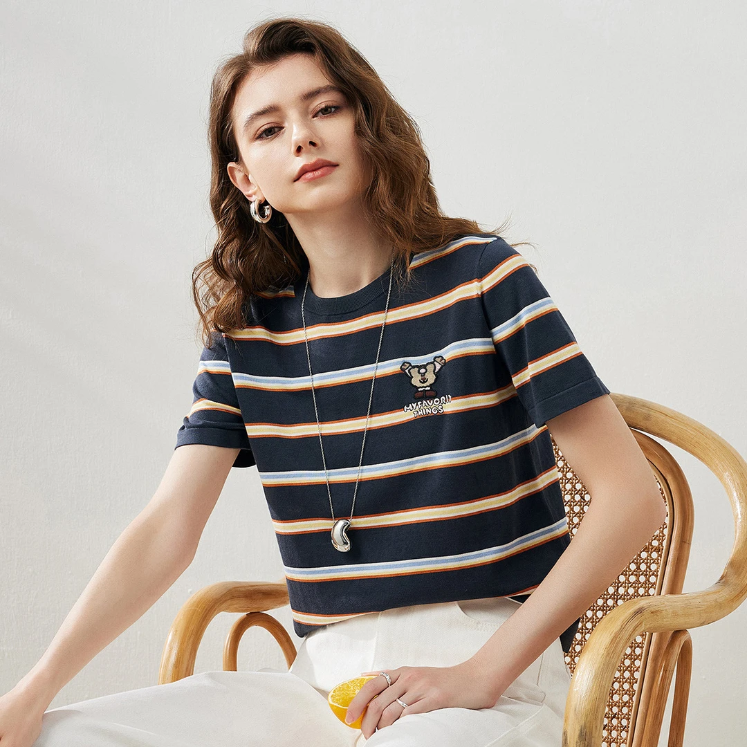 COMOBOCA/科蒙·博卡条纹桑蚕丝T恤圆领套衫25休闲短袖上衣KST1097