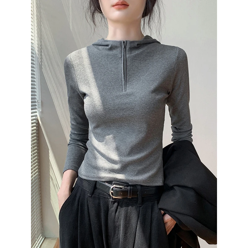 韩版拉链半开领长袖上衣T恤女2025秋新款流行修身连帽卫衣打底衫