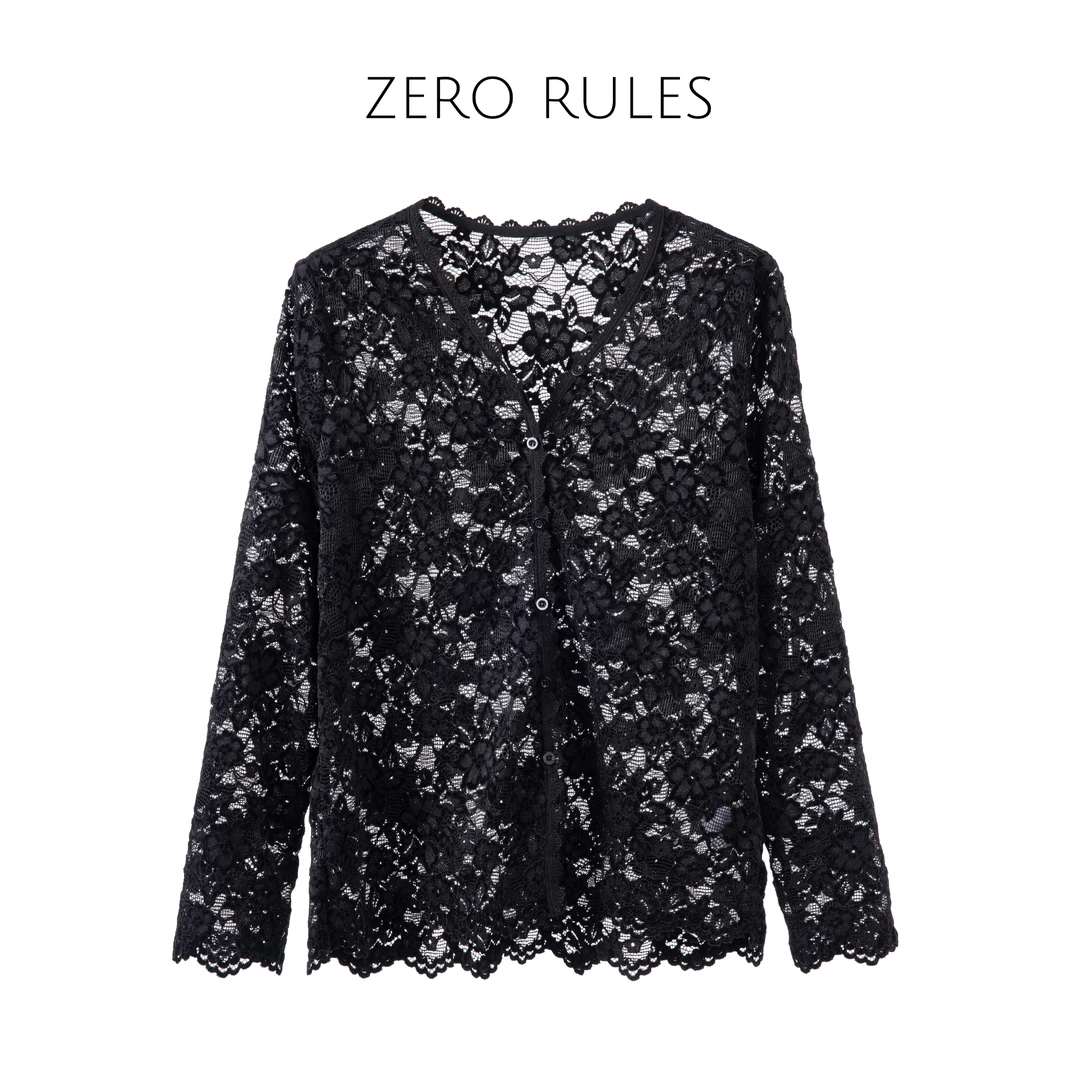 25040571【蕾丝衬衫】高定弹力蕾丝 混搭时髦长袖蕾丝衬衫