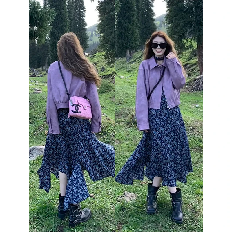 parkyeon美式紫色夹克外套女秋季设计感不规则碎花吊带连衣裙套装