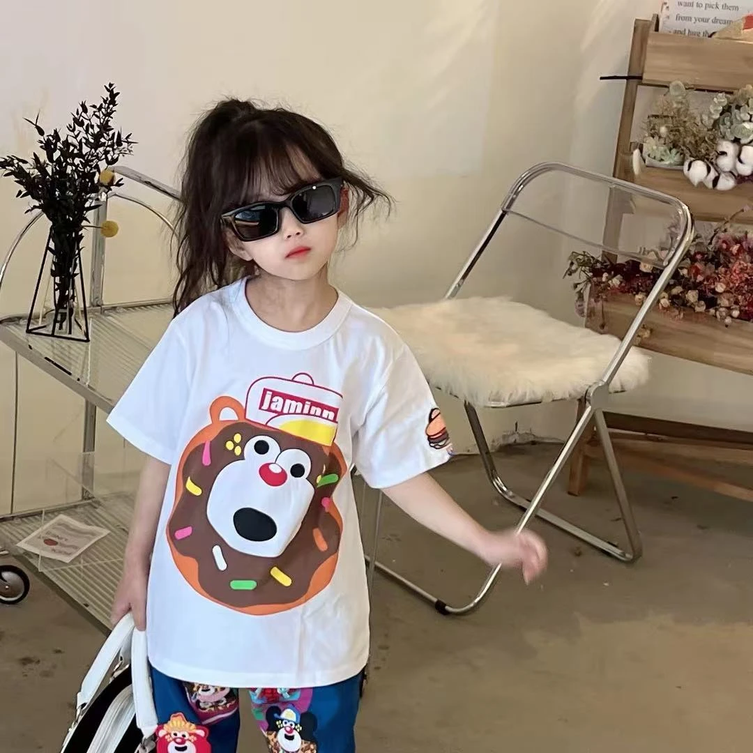 51067新款2025儿童短袖男女童卡通甜甜圈印花上衣夏高定洋气时尚