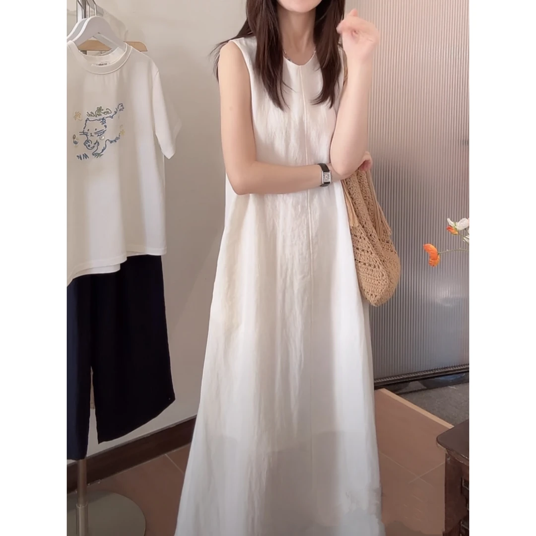 白色设计感无袖长裙裙子法式夏季复古小众连衣裙中长款背心裙