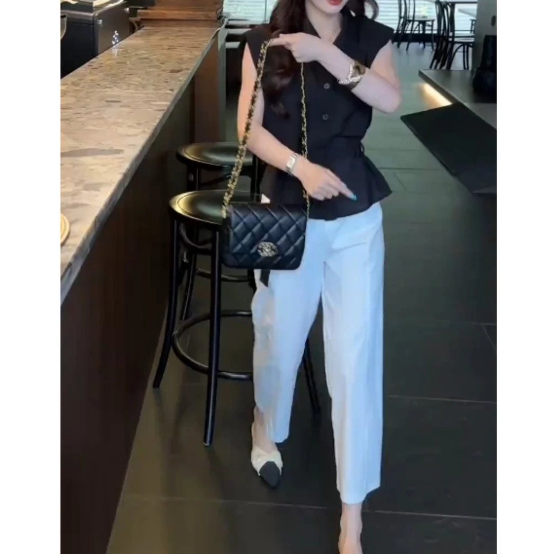 复古时尚小个子2025夏季新款减龄气质上衣休闲直筒裤两件套
