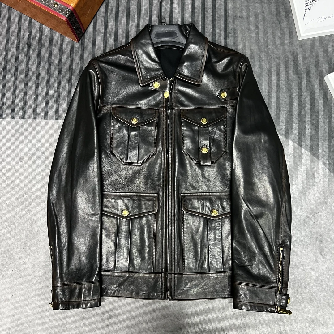 【SHENG YANG】62521 复古茶芯”硬汉猎装“进口山羊皮男士真皮皮衣