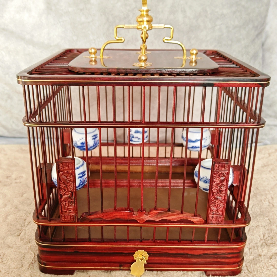 收藏级别大叶紫檀木宽23高21实木条绣眼黄鸟红子贝子笼