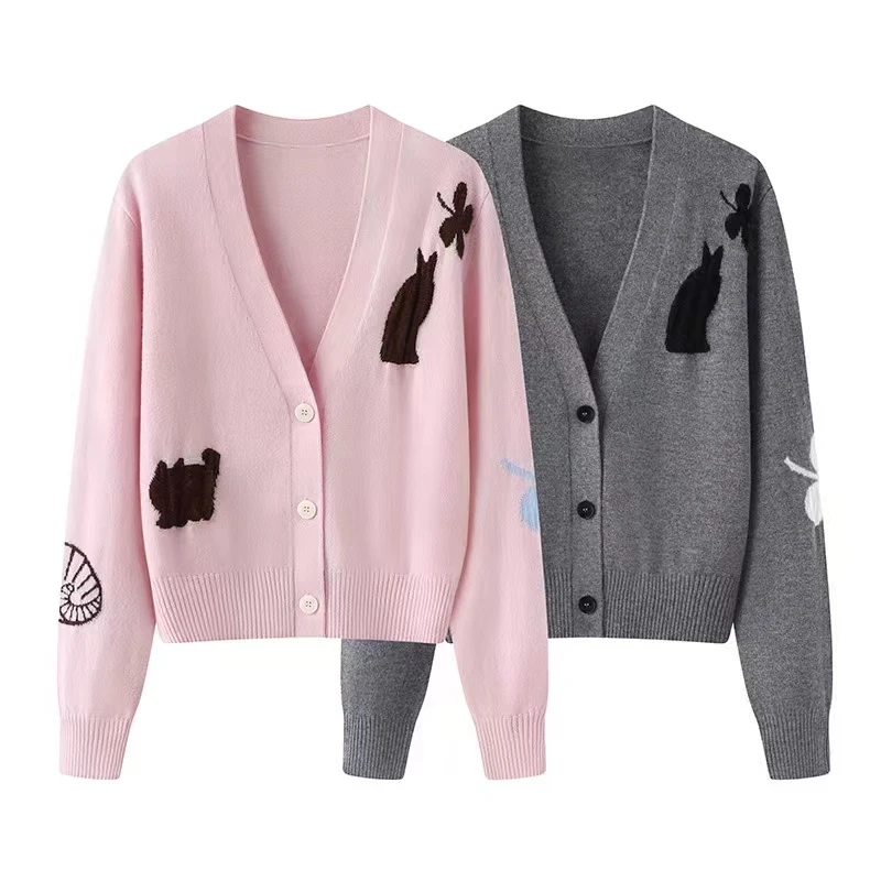 2025春季新款时尚百搭猫咪趣味提花V领长袖针织衫开衫毛衣外套女