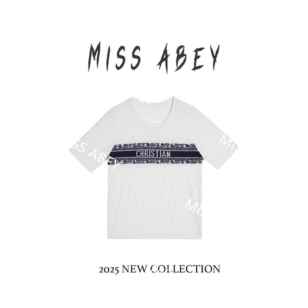 5399时尚气质百搭提花圆领短袖针织上衣6566