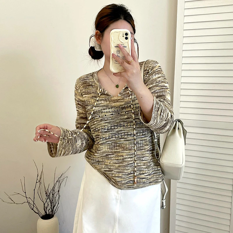 【涵胖胖】清*领绑带上衣女镂空衫2025秋款胖mm宽松外搭针织衫23091