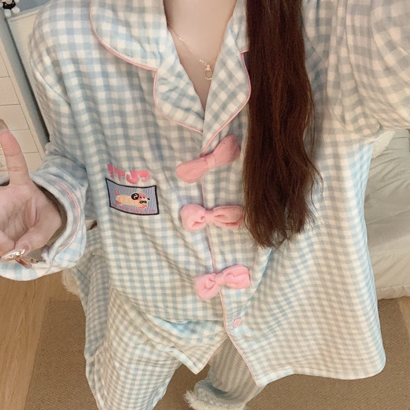 【加厚海岛绒】睡衣女秋冬季新款珊瑚绒韩系风蝴蝶结格子家居服套装